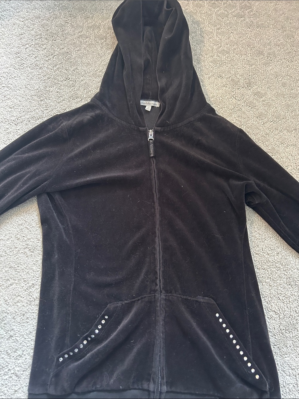 Vintage Charlotte Russe Black Velour Zip-Up Hoodie with Stud Pockets